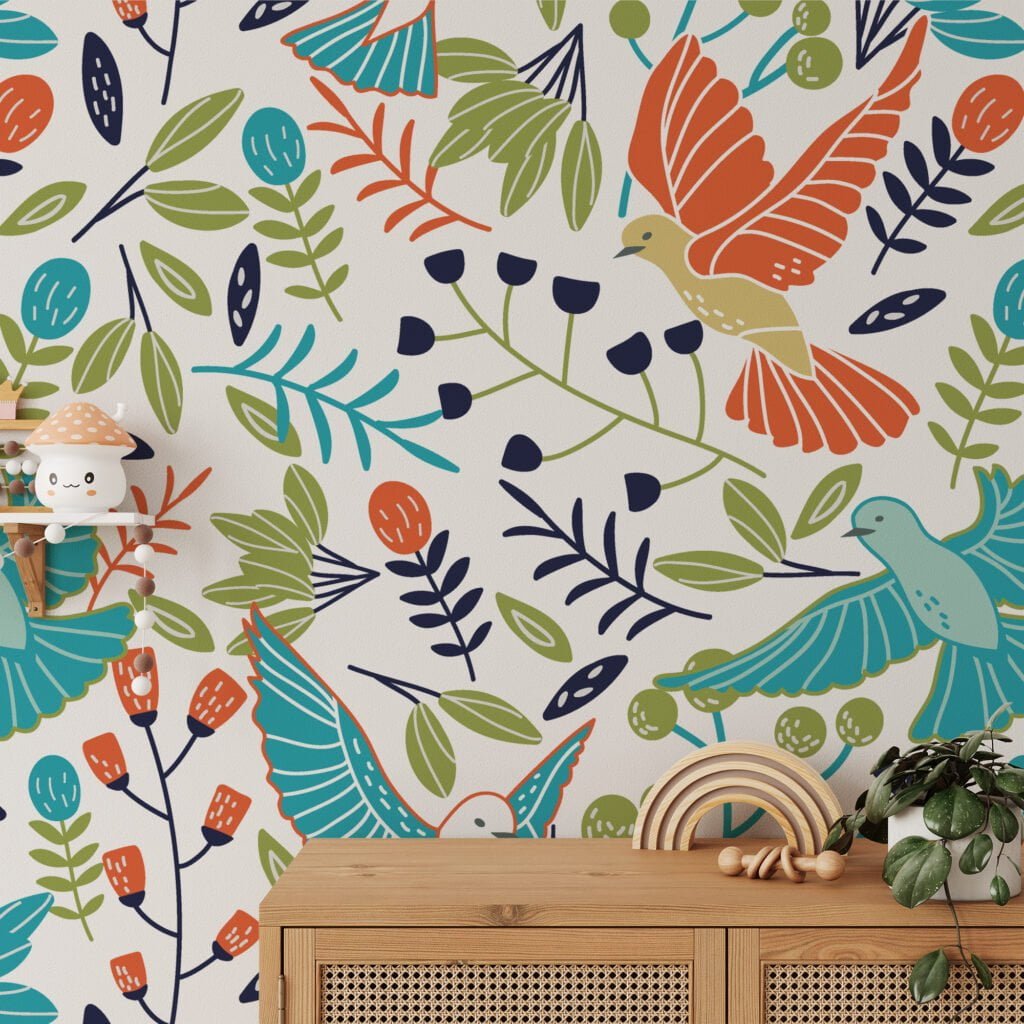 Folk Art Birds And Leaves Pattern Wallpaper, Vibrant Tropical Birds in Nature Peel & Stick Wall Mural