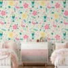 Happy Floral Flat Illustration With Toucans And Flamingos Wallpaper, Cheerful Nursery Deco Peel & Stick Wall Mural