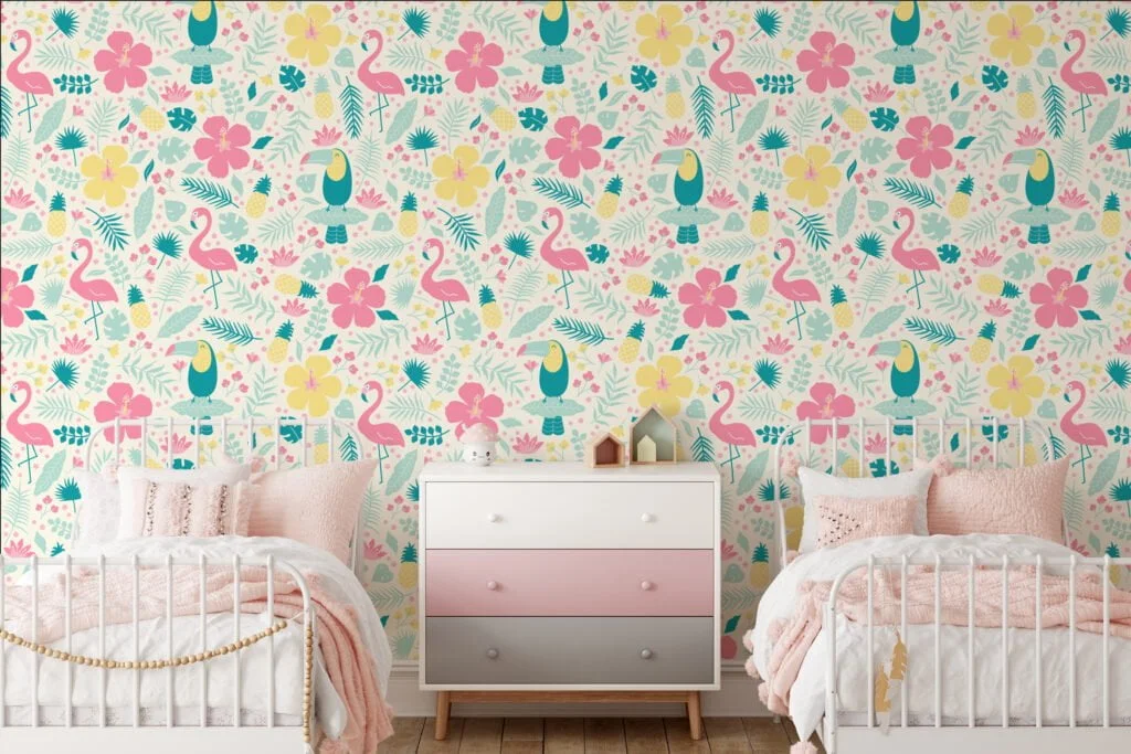 Happy Floral Flat Illustration With Toucans And Flamingos Wallpaper, Cheerful Nursery Deco Peel & Stick Wall Mural