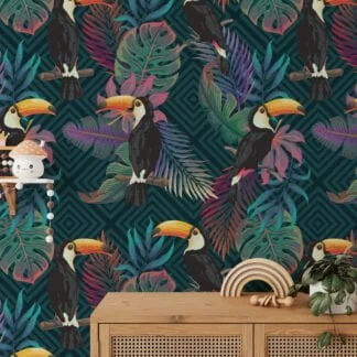 Tropical Illustration With Monstera Leaves And Toucans Wallpaper, Exotic Lush Tropical Peel & Stick Wall Mural