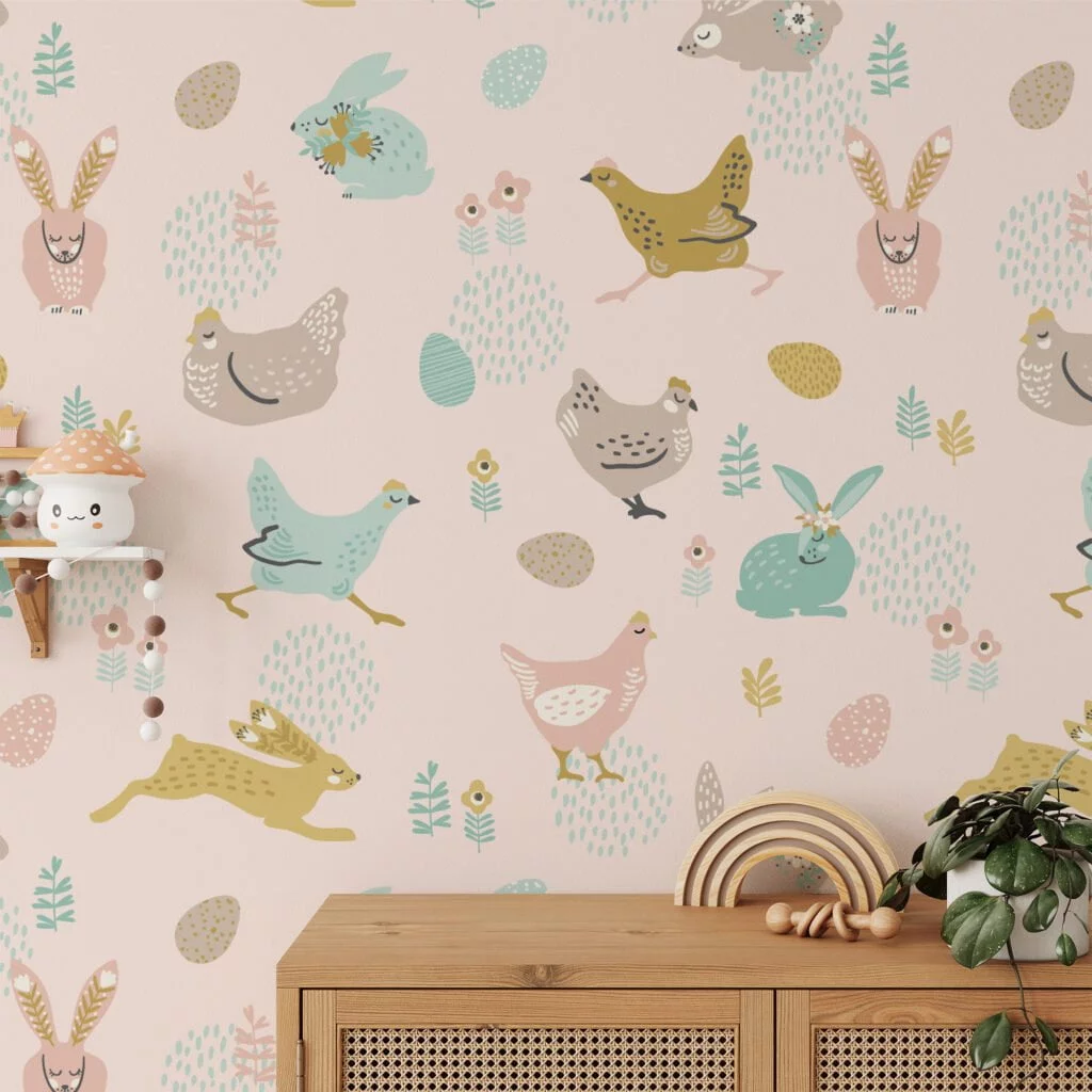 Cute Flat Art Easter Bunnies And Chickens With Eggs Illustration Wallpaper, Soft Pink Nursery Peel & Stick Wall Mural