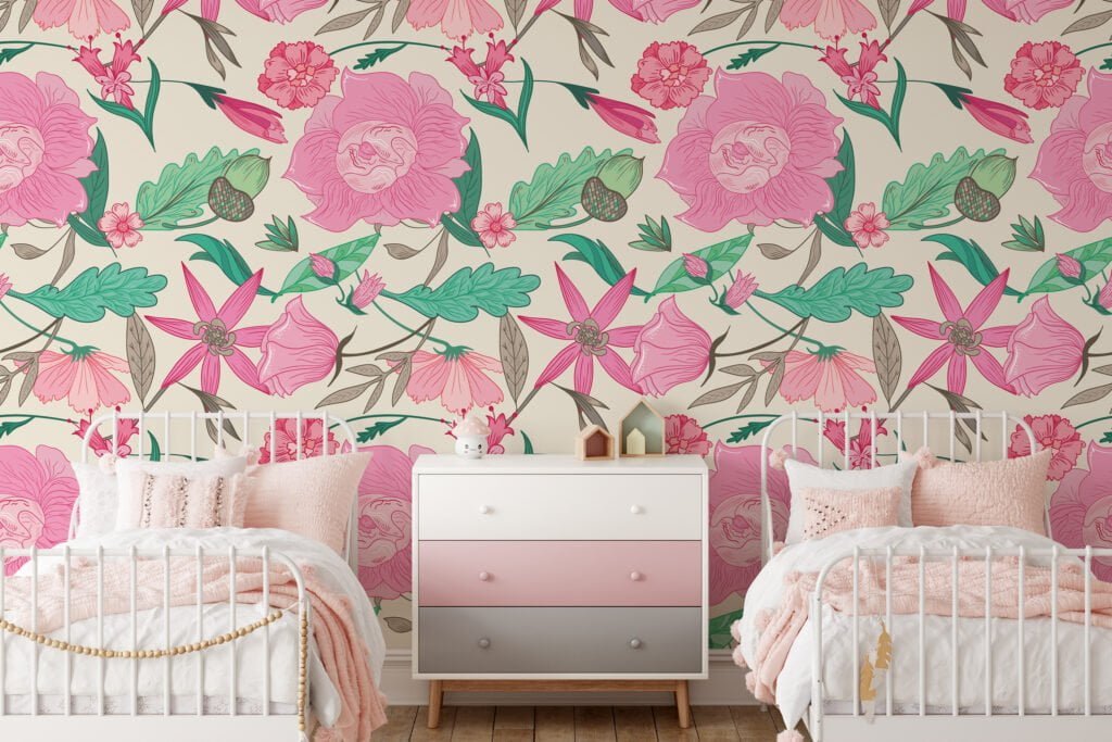Pink Floral Paisley Style Wallpaper, Pink and Green Blossom Design Peel & Stick Wall Mural