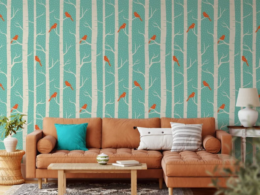 Abstract Snowy Trees With Birds Wallpaper, Chirping Birds in Birch Forest Peel & Stick Wall Mural