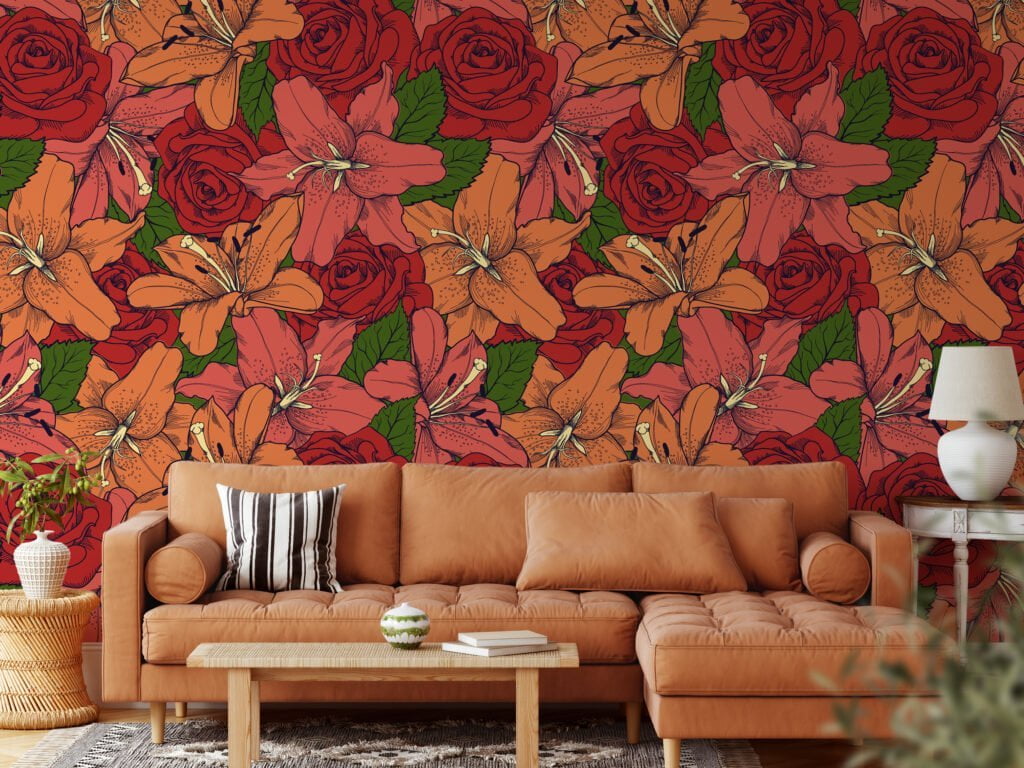 Colorful Retro Outlined Red Roses And Flowers Illustration Wallpaper, Lush Rose and Lily Bloom Peel & Stick Wall Mural