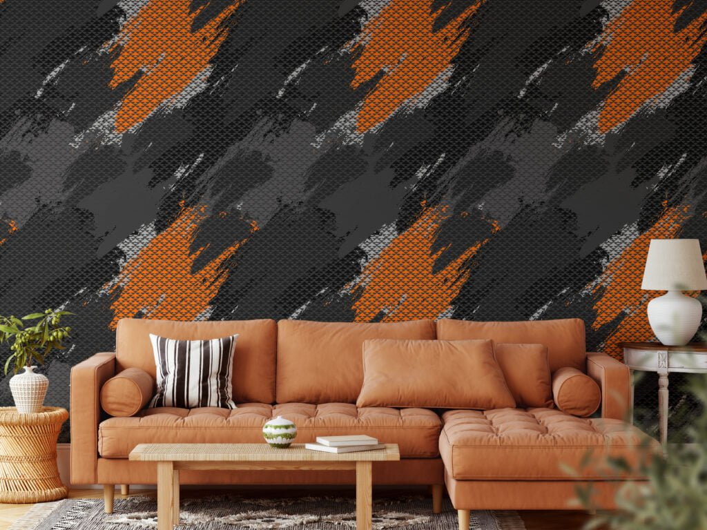 Orange And Grey Geometric Abstract Design Wallpaper, Dynamic Orange Streaks On Black Peel & Stick Wall Mural