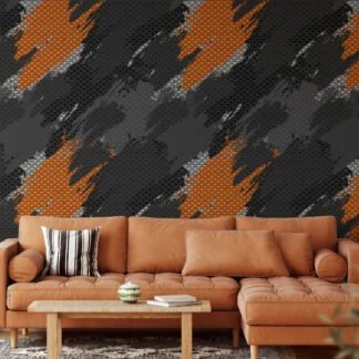 Orange And Grey Geometric Abstract Design Wallpaper, Dynamic Orange Streaks On Black Peel & Stick Wall Mural