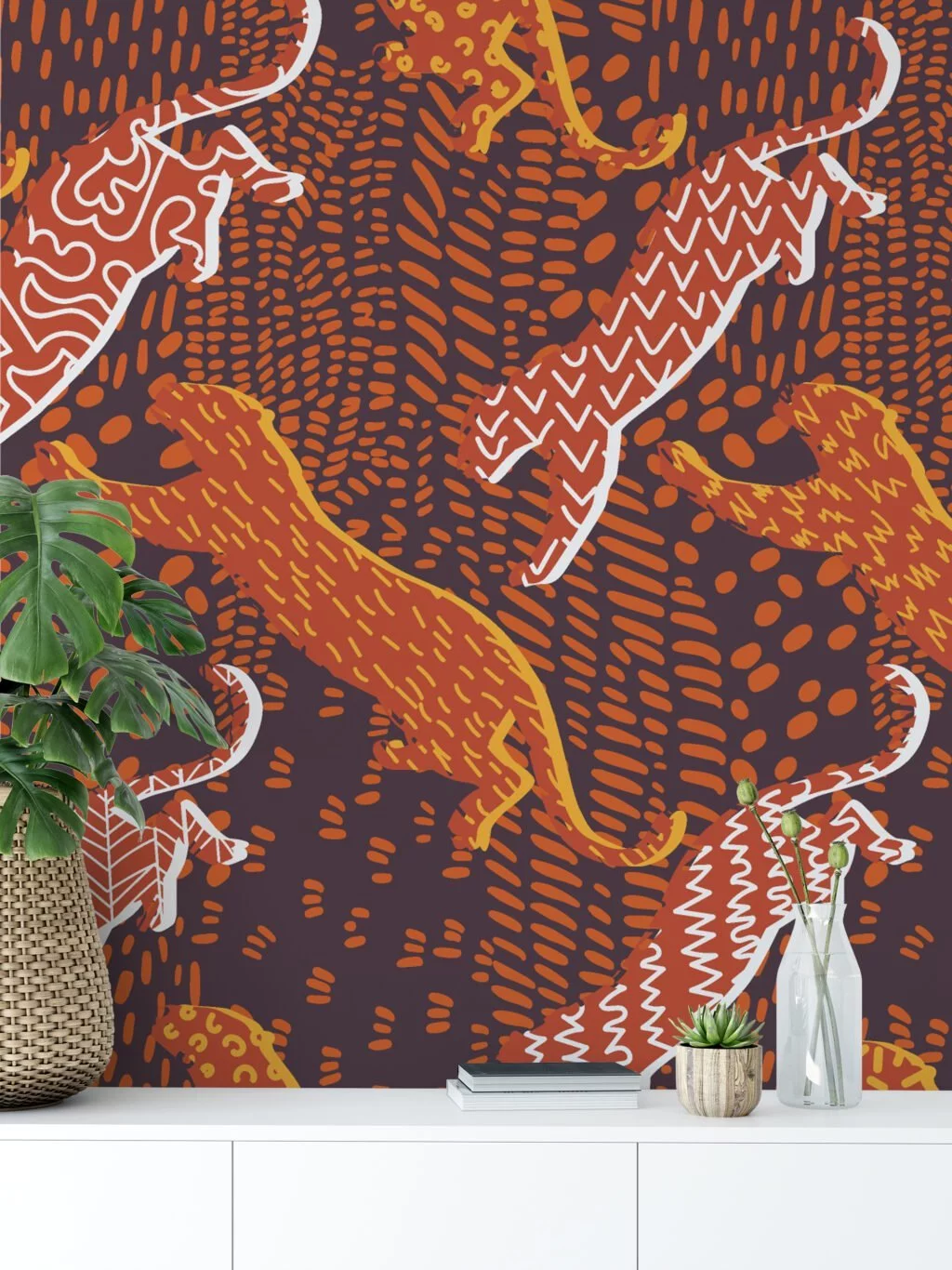 Abstract Tiger Leopard Pattern Illustration Wallpaper, Warm-Toned Modern Peel & Stick Wall Mural