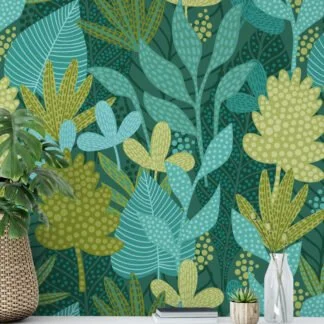 Flat Art Abstract Green Shades Plants Wallpaper, Enchanted Tropical Forest Peel & Stick Wall Mural