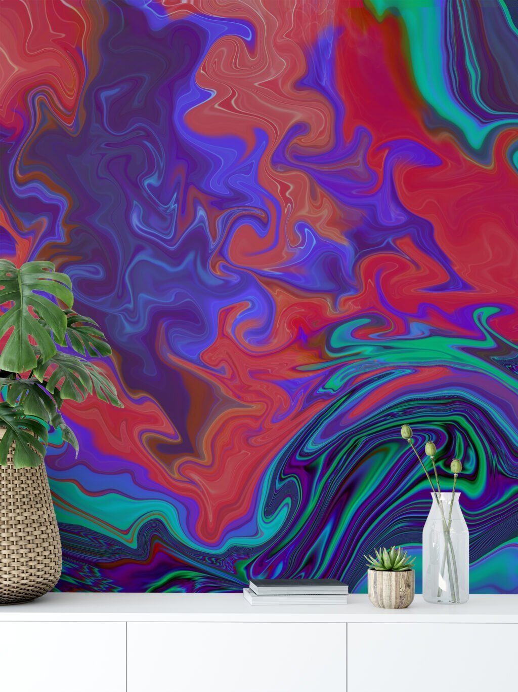 Psychedelic Abstract Colorful Ink Swirls Wallpaper, Vivid Liquid Abstract Peel & Stick Wall Mural