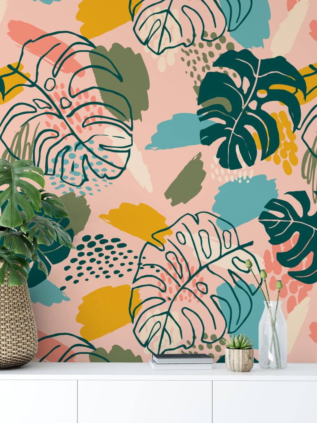 Abstract Flat And Line Art Monstera Leaves Design Illustration Wallpaper, Tropical Leaf Design Peel & Stick Wall Mural