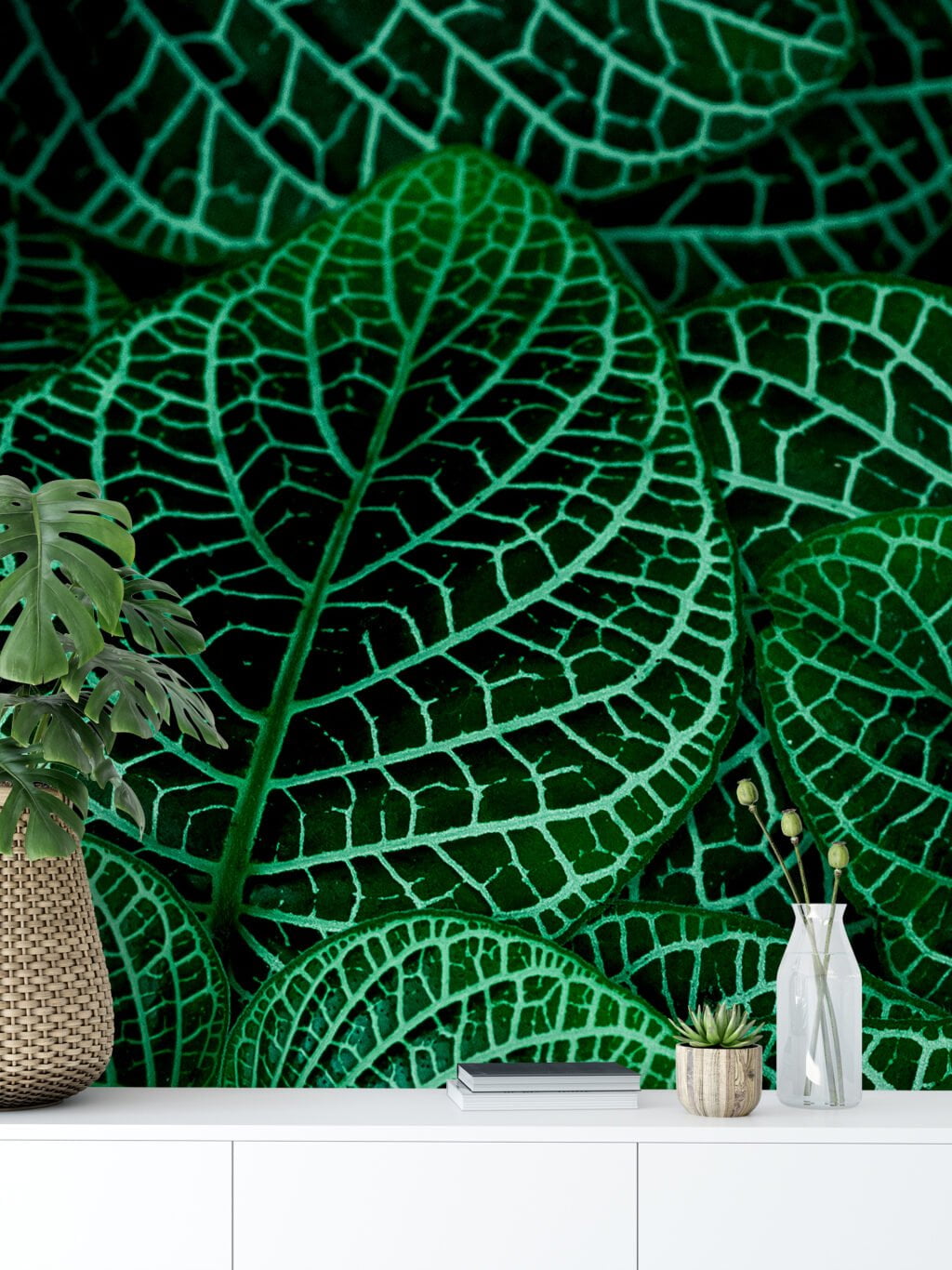 Dark Green Nerve Plant Leaves Wallpaper, Botanical Leaf Peel & Stick Wall Mural