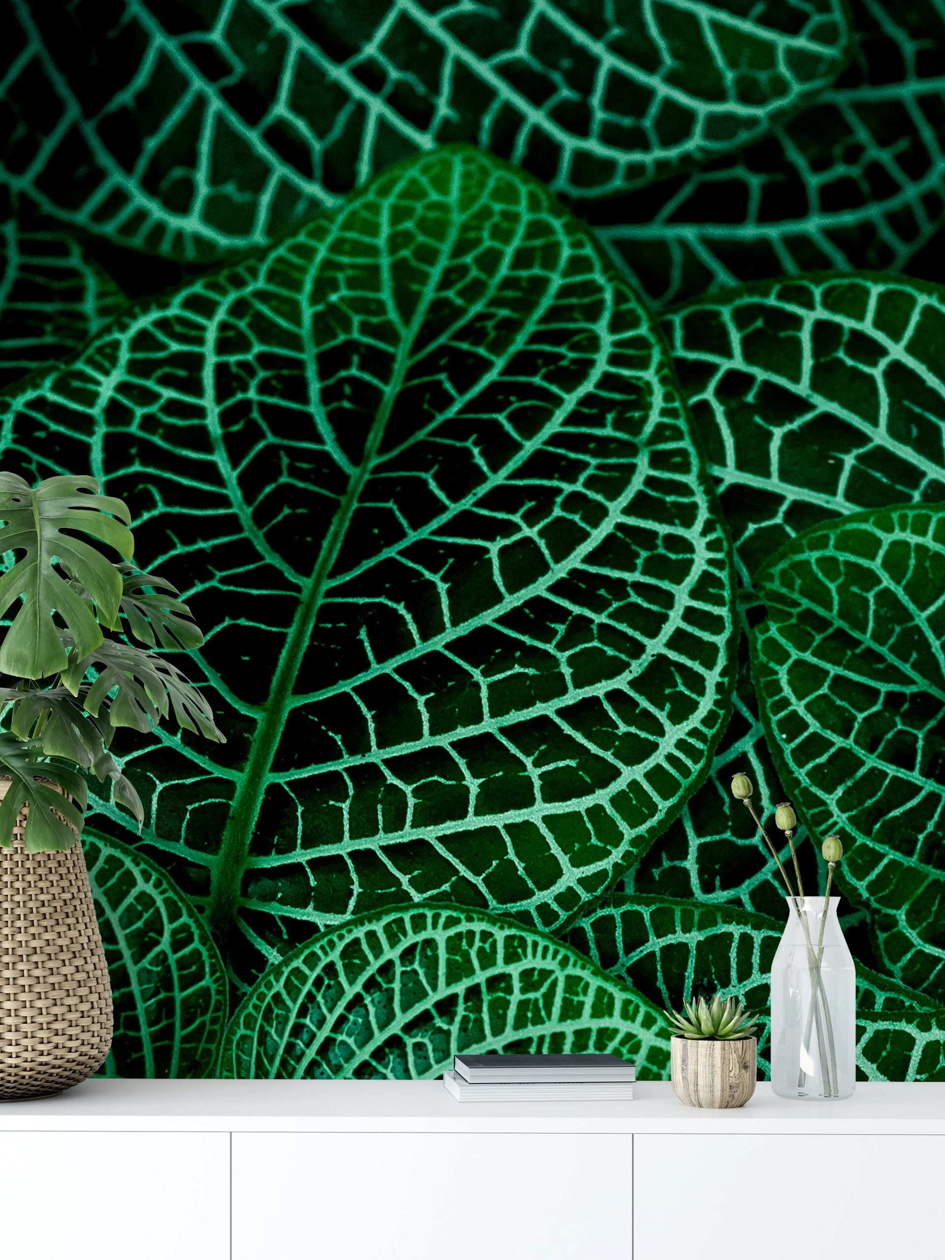 Dark Green Nerve Plant Leaves Wallpaper, Botanical Leaf Peel & Stick Wall Mural