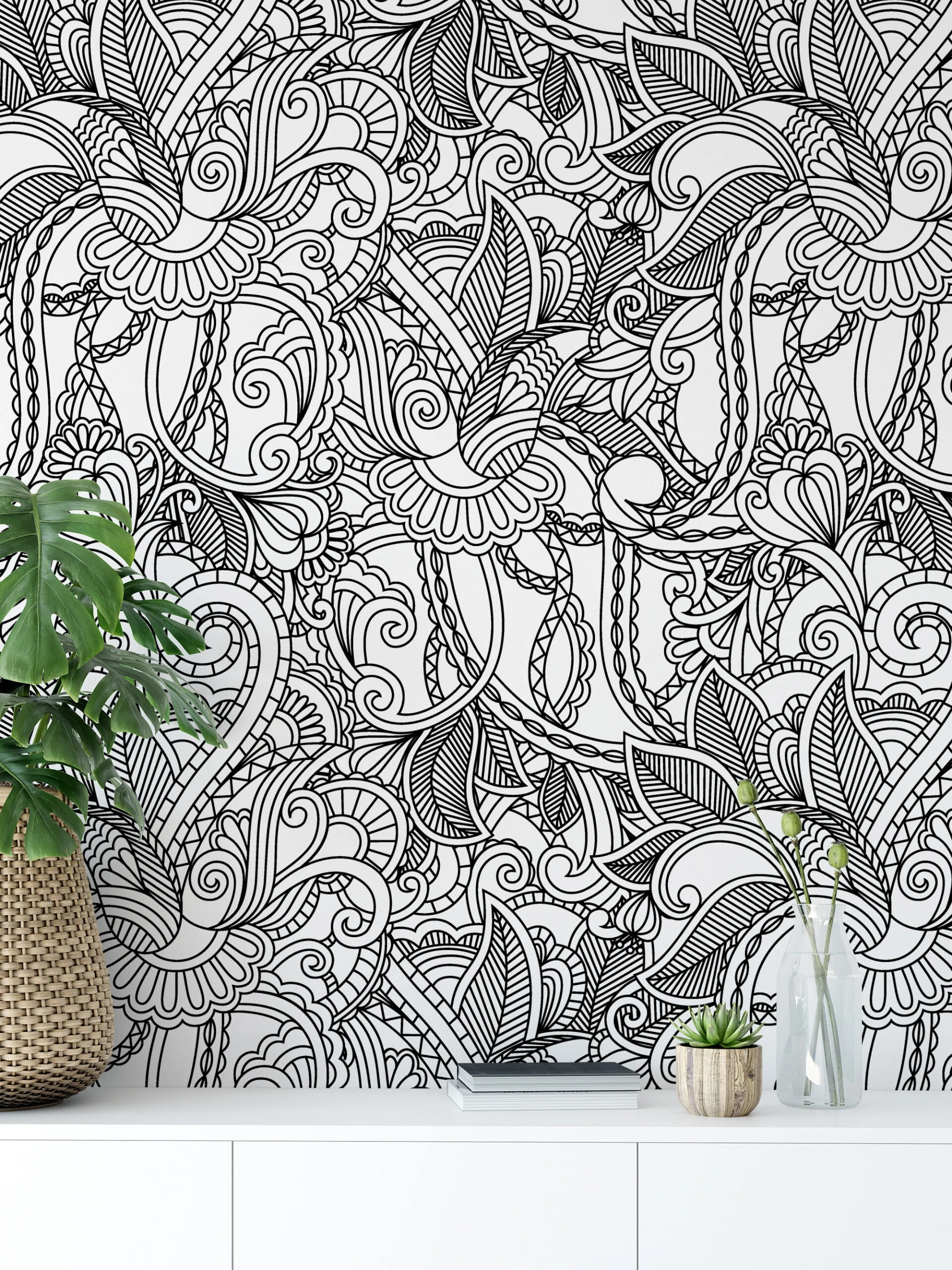 Paisley Black Line Art Wallpaper, Monochrome Chic Peel & Stick Wall Mural