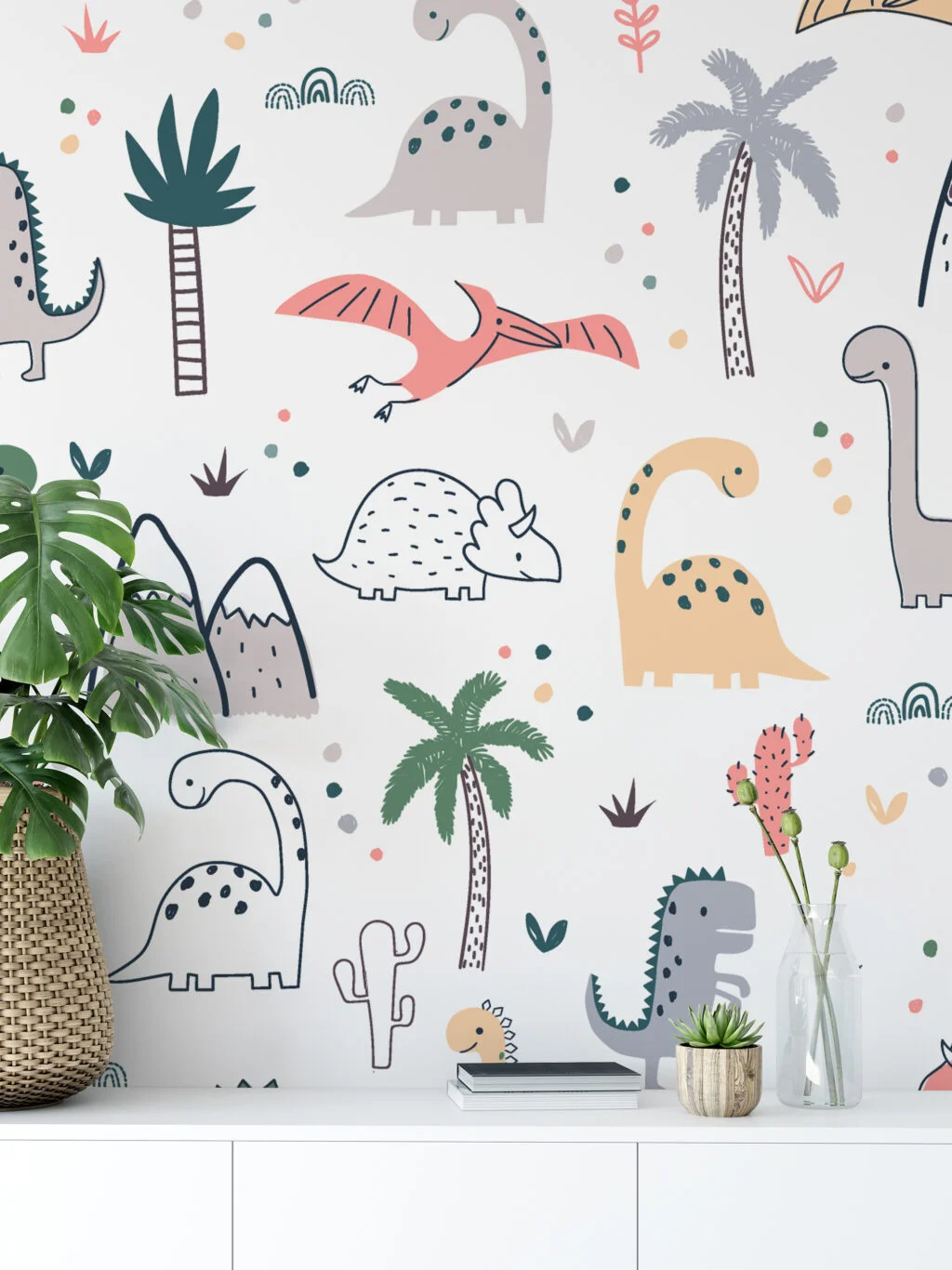 Cute Nursery Dinosaurs Drawings Illustration Pattern Wallpaper, Adorable Dinosaur Peel & Stick Wall Mural