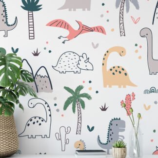 Cute Nursery Dinosaurs Drawings Illustration Pattern Wallpaper, Adorable Dinosaur Peel & Stick Wall Mural