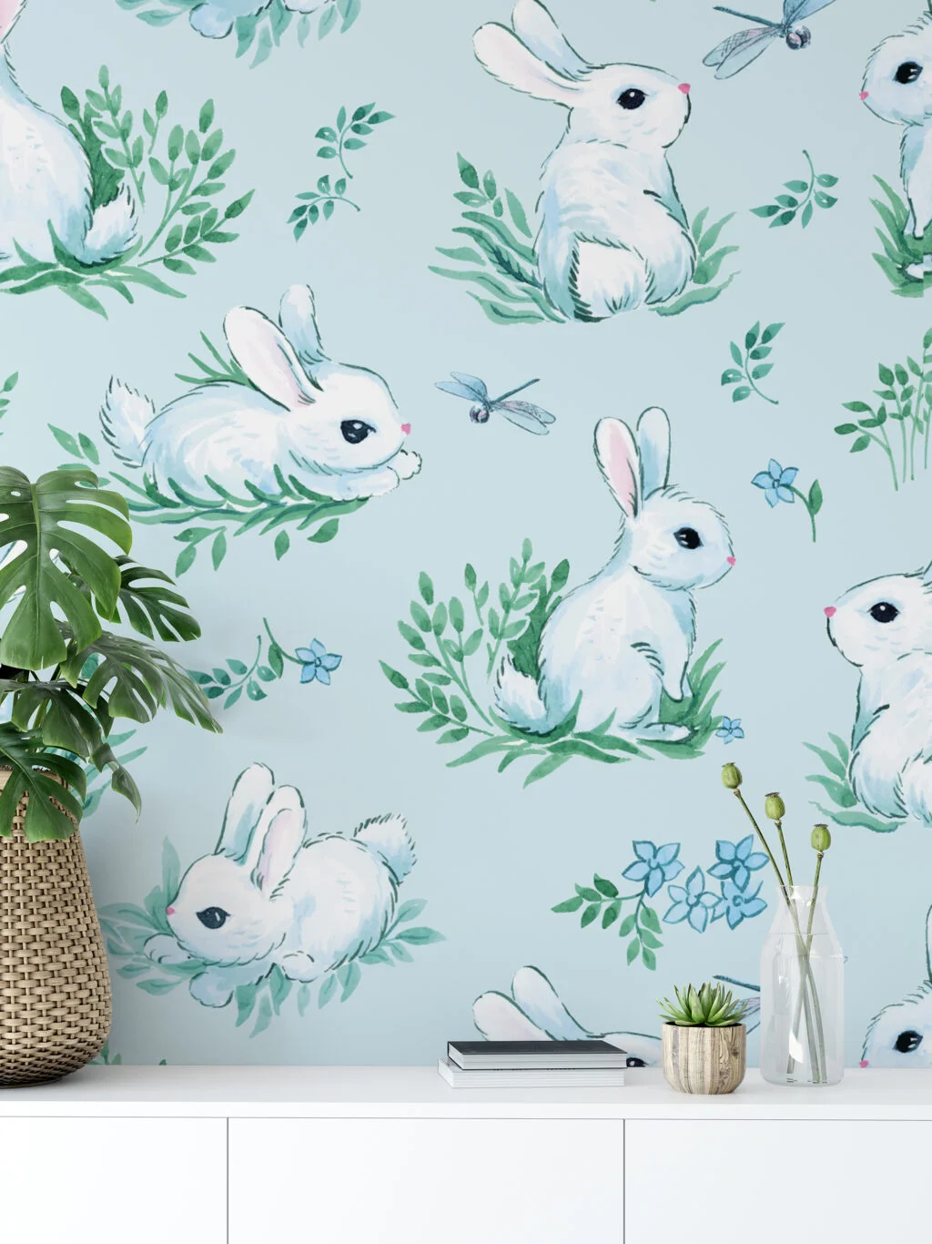 Light Blue Watercolor Effect Bunny With Dragonfly Illustration Wallpaper, Serene Bunny Meadow Kids Peel & Stick Wall Mural