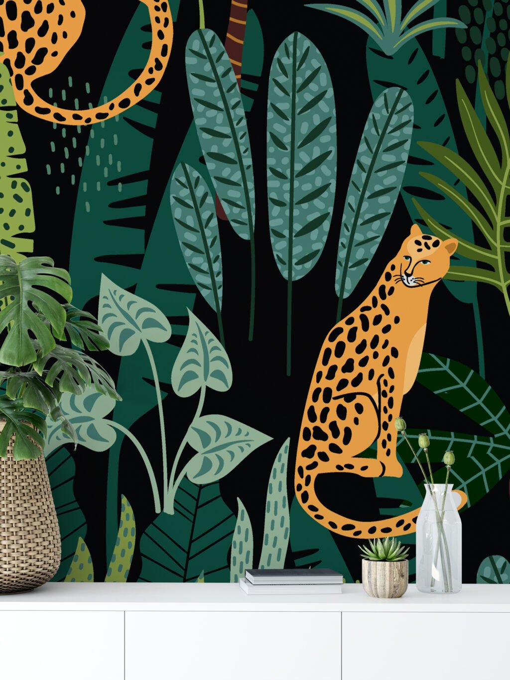 Green Tropical Flat Art Jungle With Leopards Illustrations Wallpaper, Exotic Jungle Inspired Peel & Stick Wall Mural