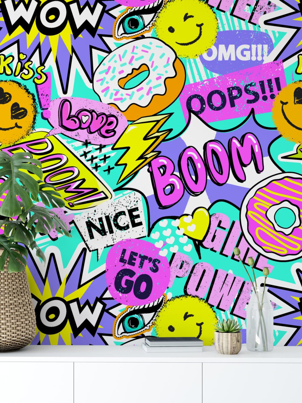 Retro Y2K Comic Chatbox Pattern Illustration Wallpaper, Playful Pop Art Peel & Stick Wall Mural