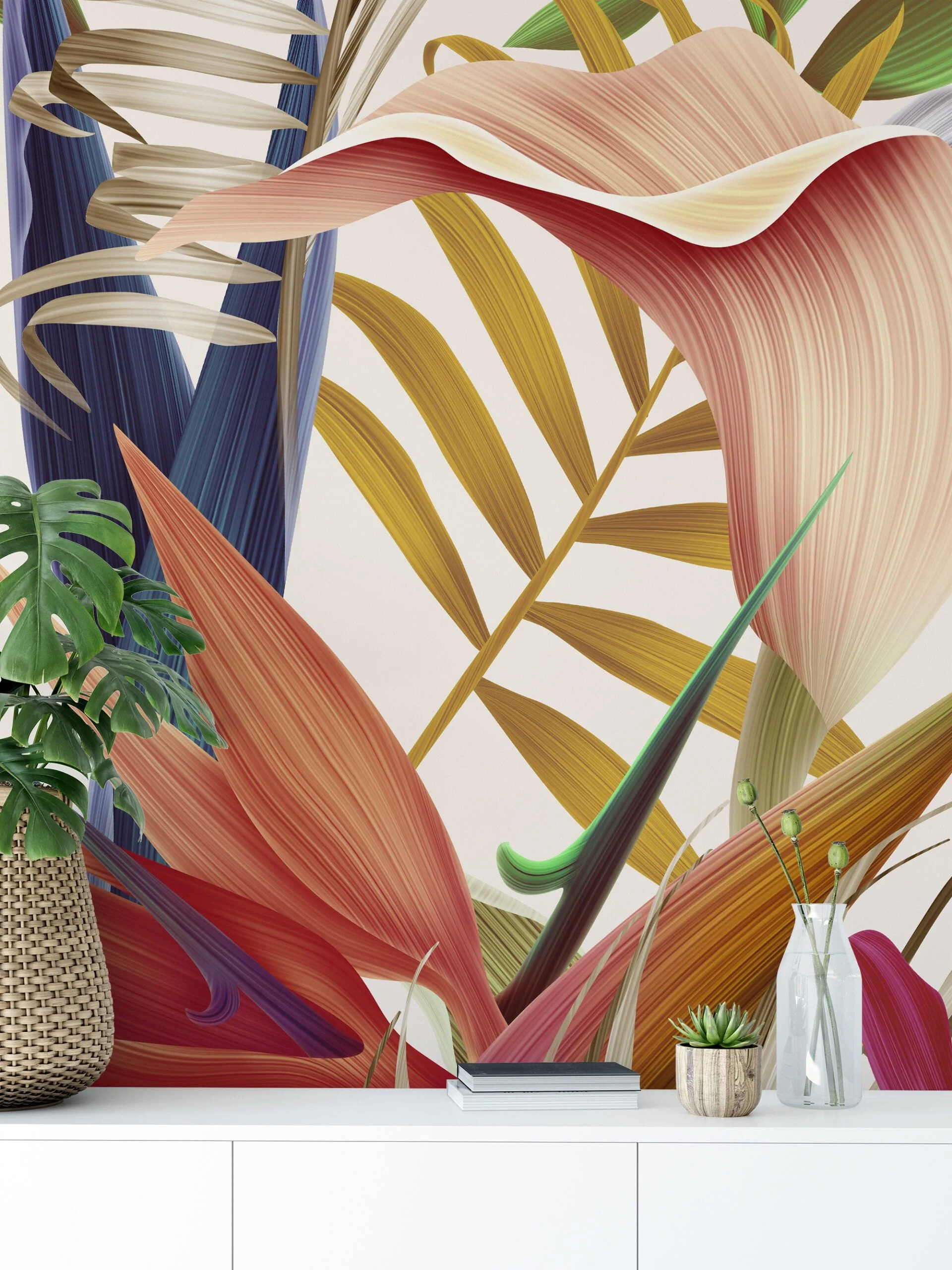 Colorful Tropical Flowers With Birds Of Paradise Wallpaper, Contemporary Nature Inspired Peel & Stick Wall Mural