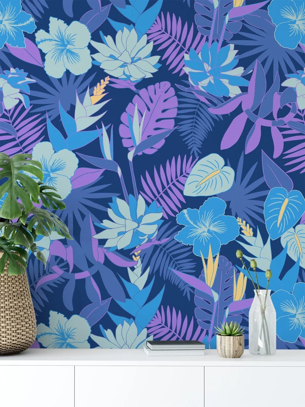 Blue And Purple Hued Floral Illustration Wallpaper, Vibrant Tropical Night Floral Peel & Stick Wall Mural