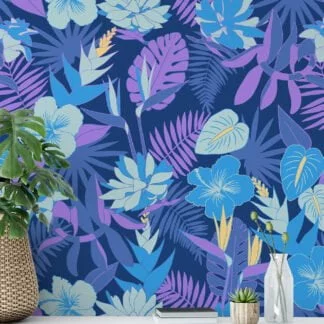 Blue And Purple Hued Floral Illustration Wallpaper, Vibrant Tropical Night Floral Peel & Stick Wall Mural