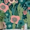 Flat Art Abstract Green Leaves With Flowers Wallpaper, Tropical Pink Blooms On Green Peel & Stick Wall Mural