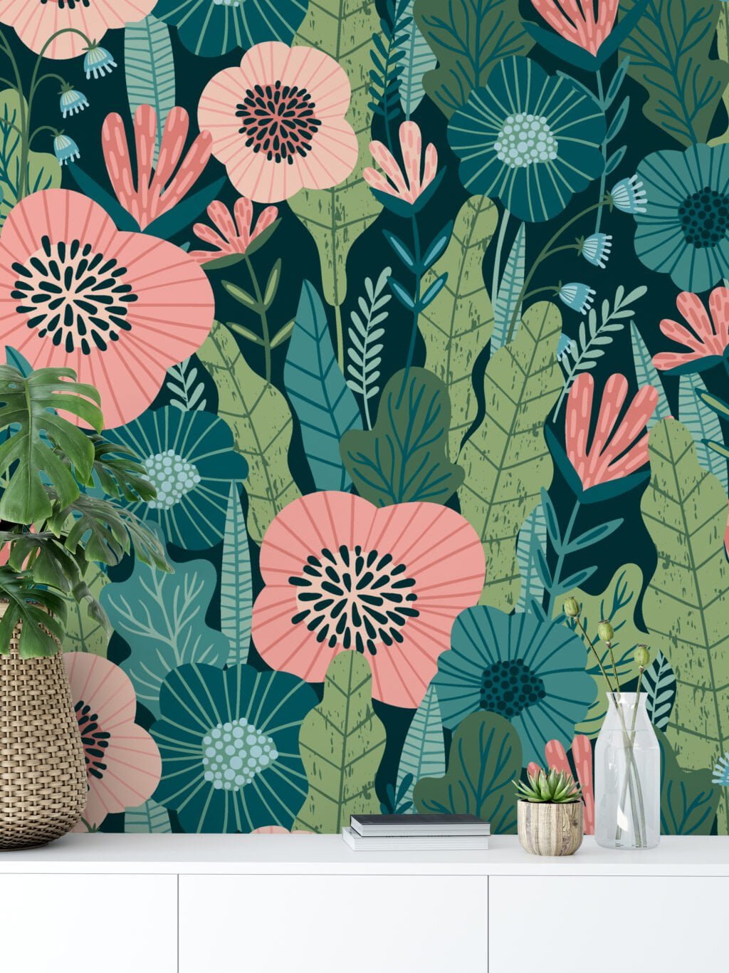 Flat Art Abstract Green Leaves With Flowers Wallpaper, Tropical Pink Blooms On Green Peel & Stick Wall Mural