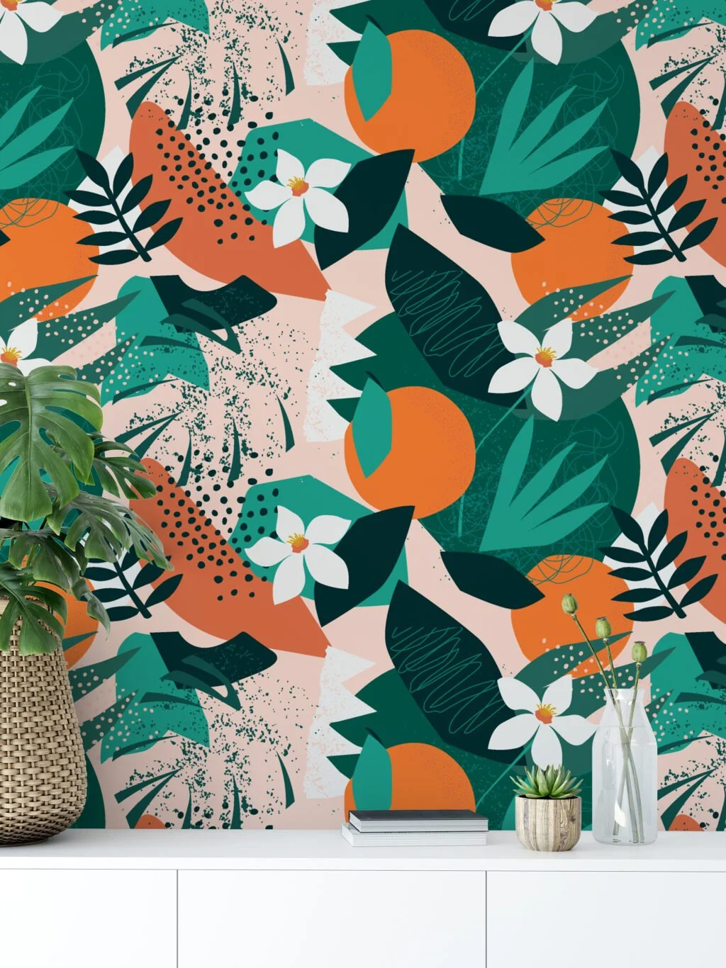 Floral Retro Orange and Leaves Design Wallpaper, Abstract Tropical Elegant Peel & Stick Wall Mural