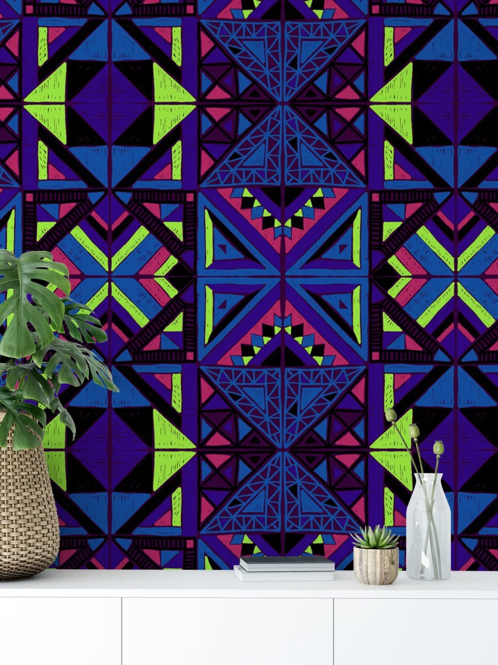 Bright Colored Tribal Pattern Illustration Wallpaper, Geometric Bold & Artistic Peel & Stick Wall Mural