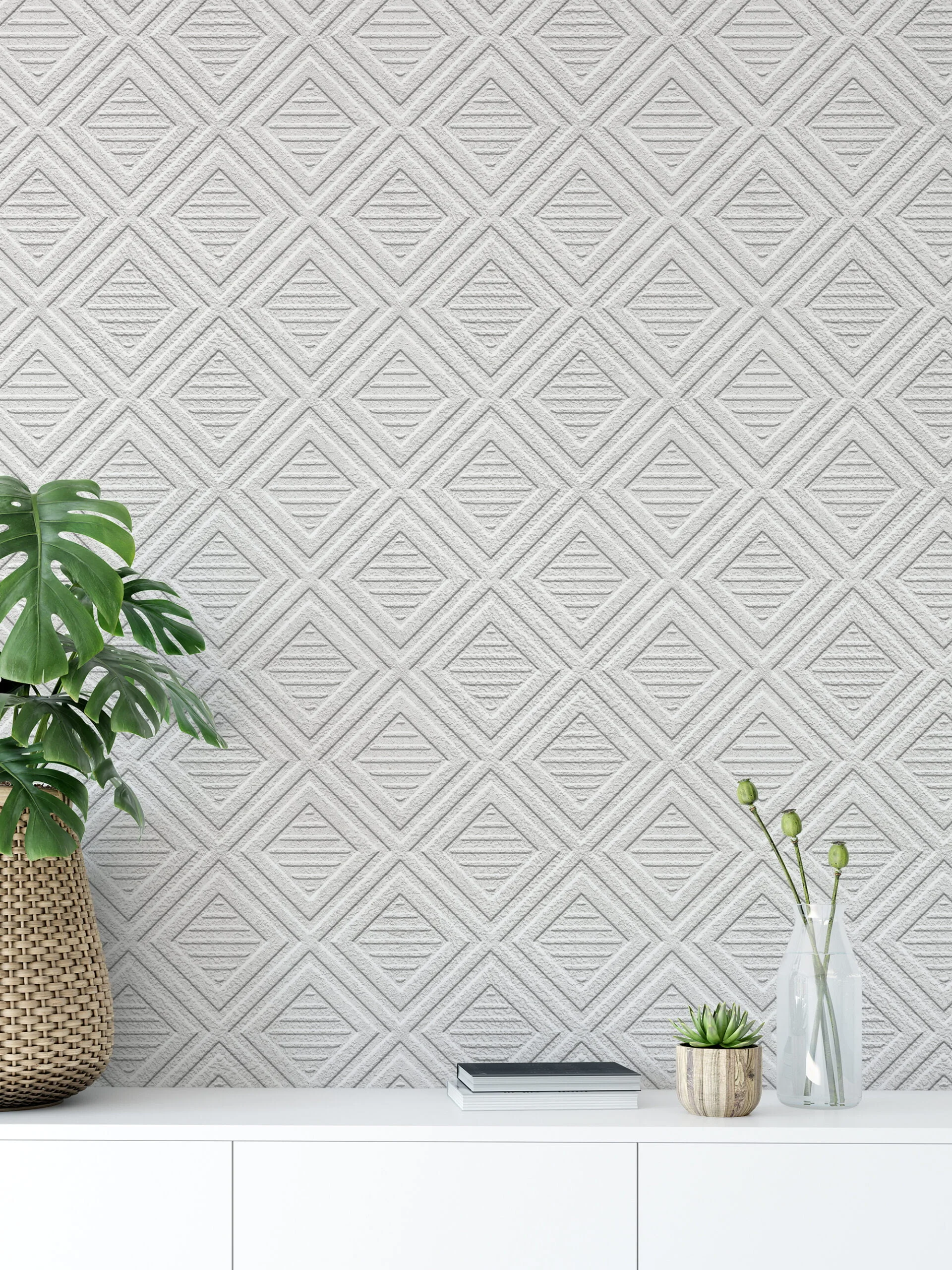 Geometric Diamond Shaped Illustration Wallpaper, Textured Faux Effect Peel & Stick Wall Mural