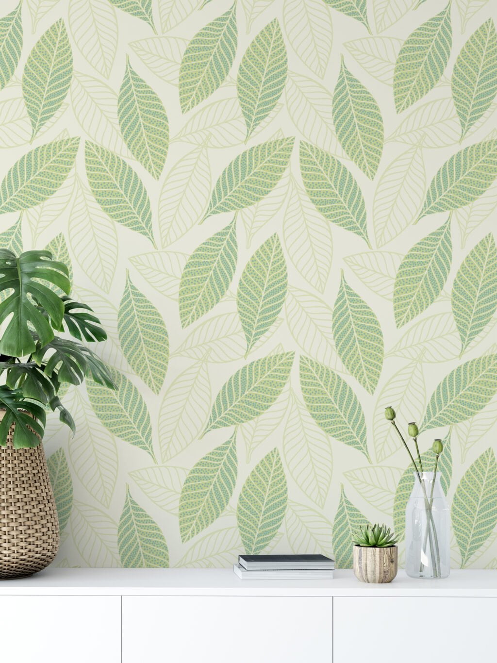 Abstract Green Leaves Illustration Wallpaper, Leaf Harmony Design Peel & Stick Wall Mural