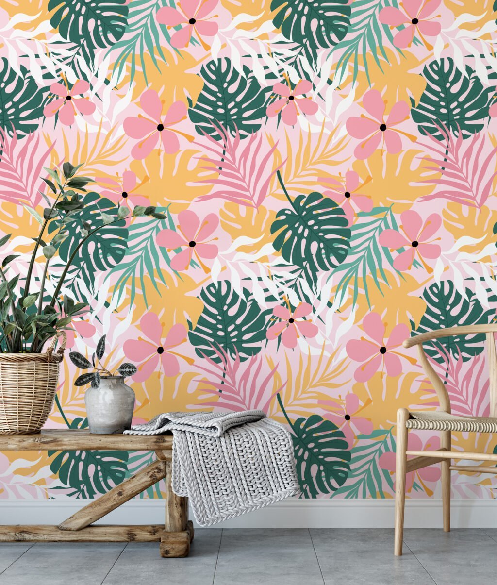 Tropical Pink Green Yellow Monstera Leaves And Flowers Illustration Wallpaper, Tropical Bliss Peel & Stick Wall Mural