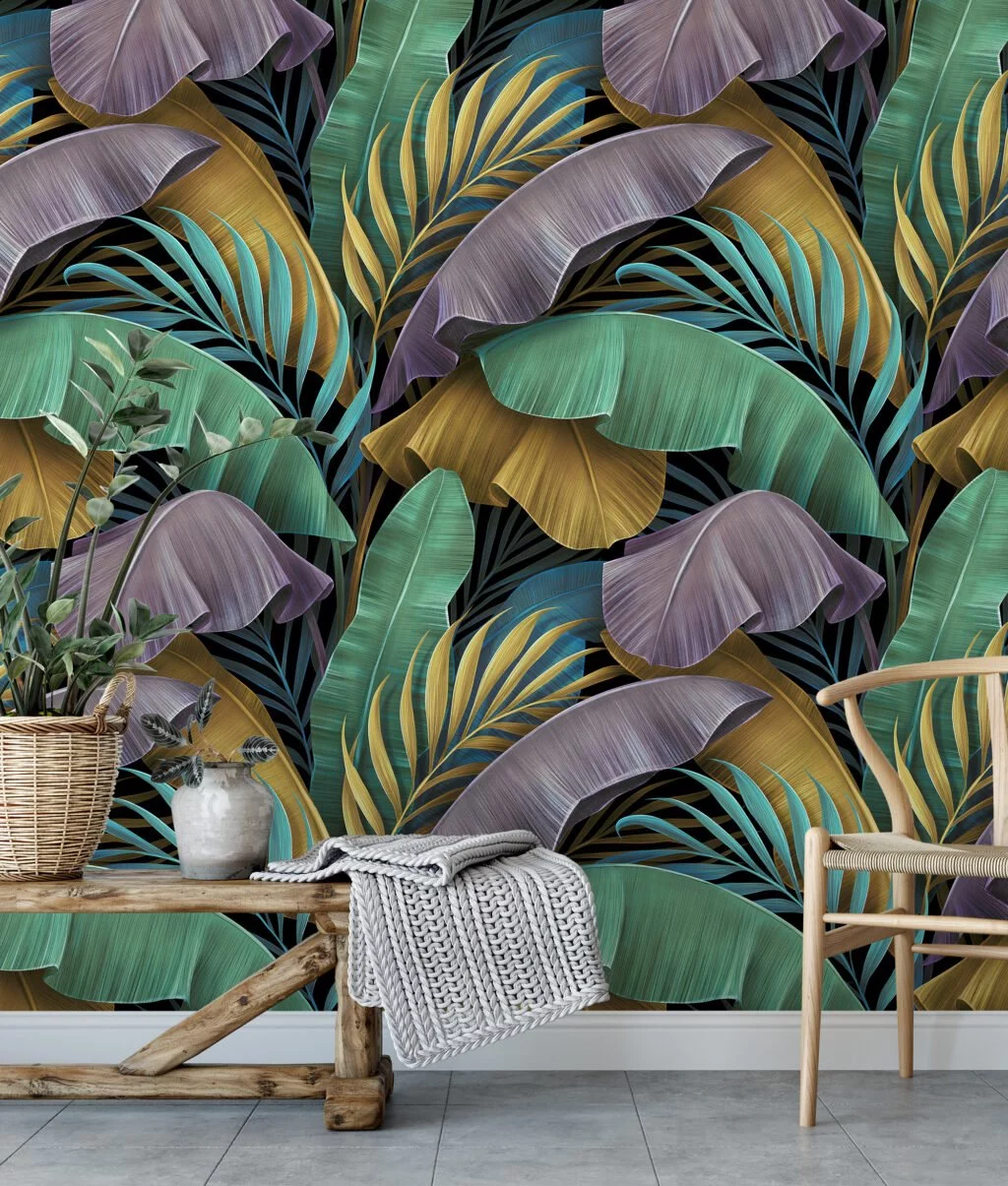 Large Colorful Tropical Leaves With A Dark Background Wallpaper, Luxe 3D Tropical Peel & Stick Wall Mural