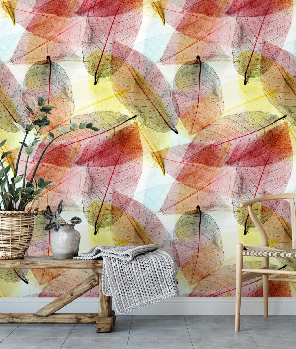 Large Colorful Leaves Wallpaper, Translucent Autumn Peel & Stick Wall Mural