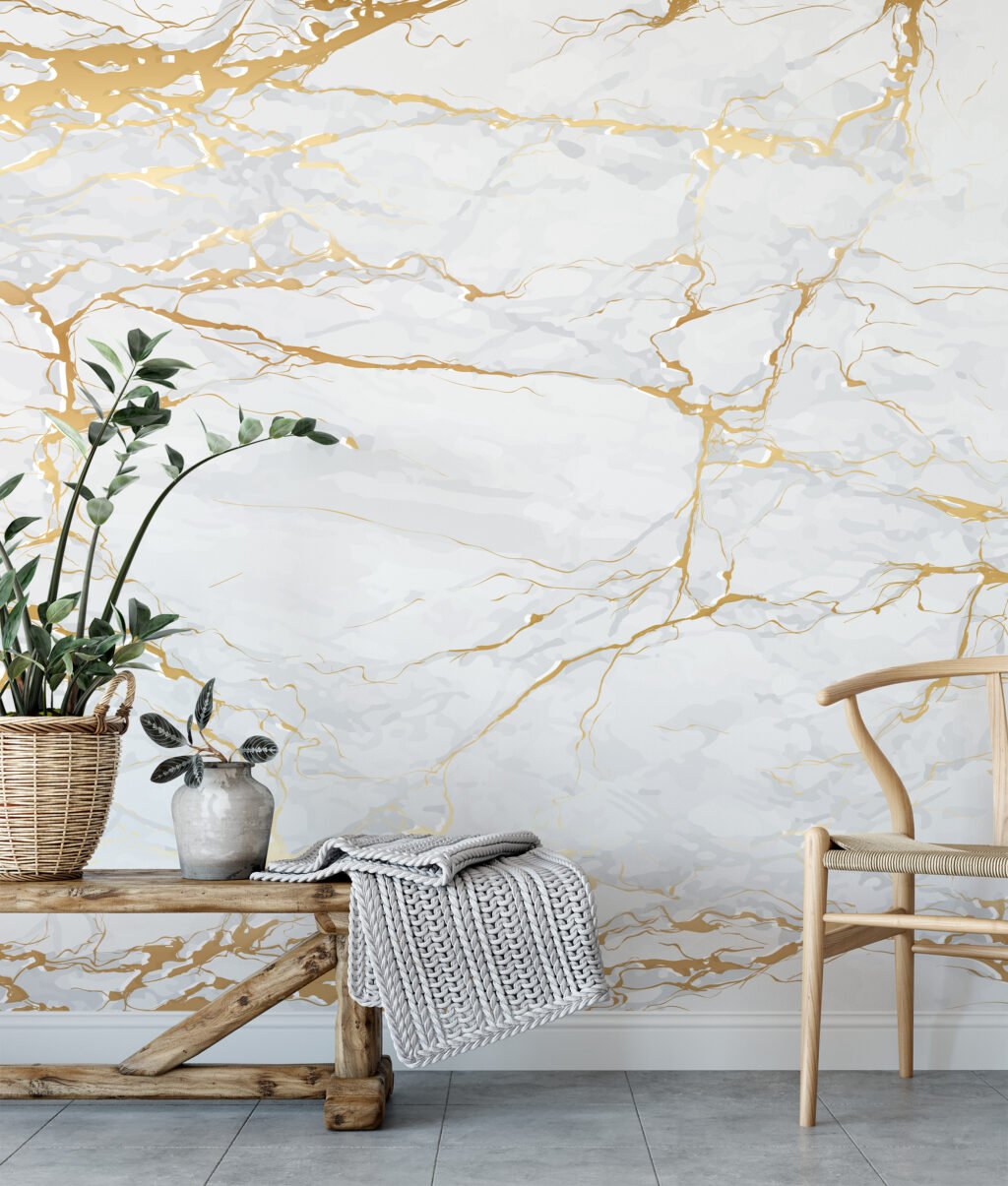 Gold And White Marble Wallpaper, Luxurious Faux Marble Illustration Peel & Stick Wall Mural