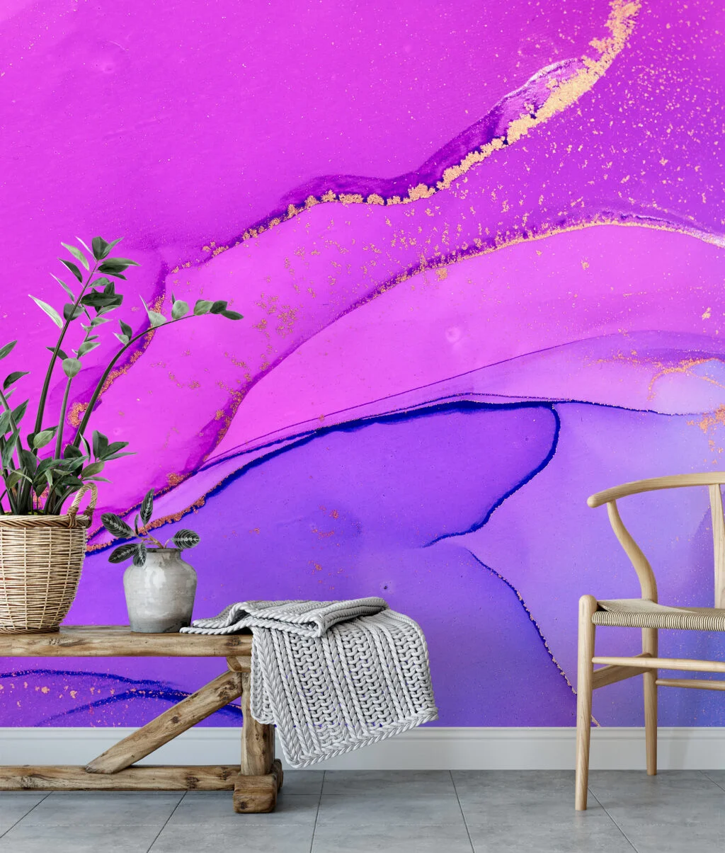 Hot Pink And Purple Alcohol Ink Art Marble Wallpaper, Captivating Royal Purple Peel & Stick Wall Mural
