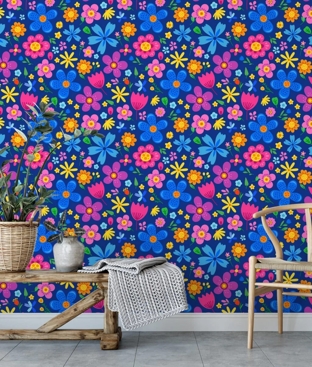 Bright Colored Folk Art Flower Illustration Wallpaper, Joyful Meadow Floral Peel & Stick Wall Mural