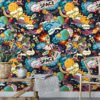 Cartoon Space Themed Kids Wallpaper Illustration, Vibrant Comic Space Adventure Peel & Stick Wall Mural