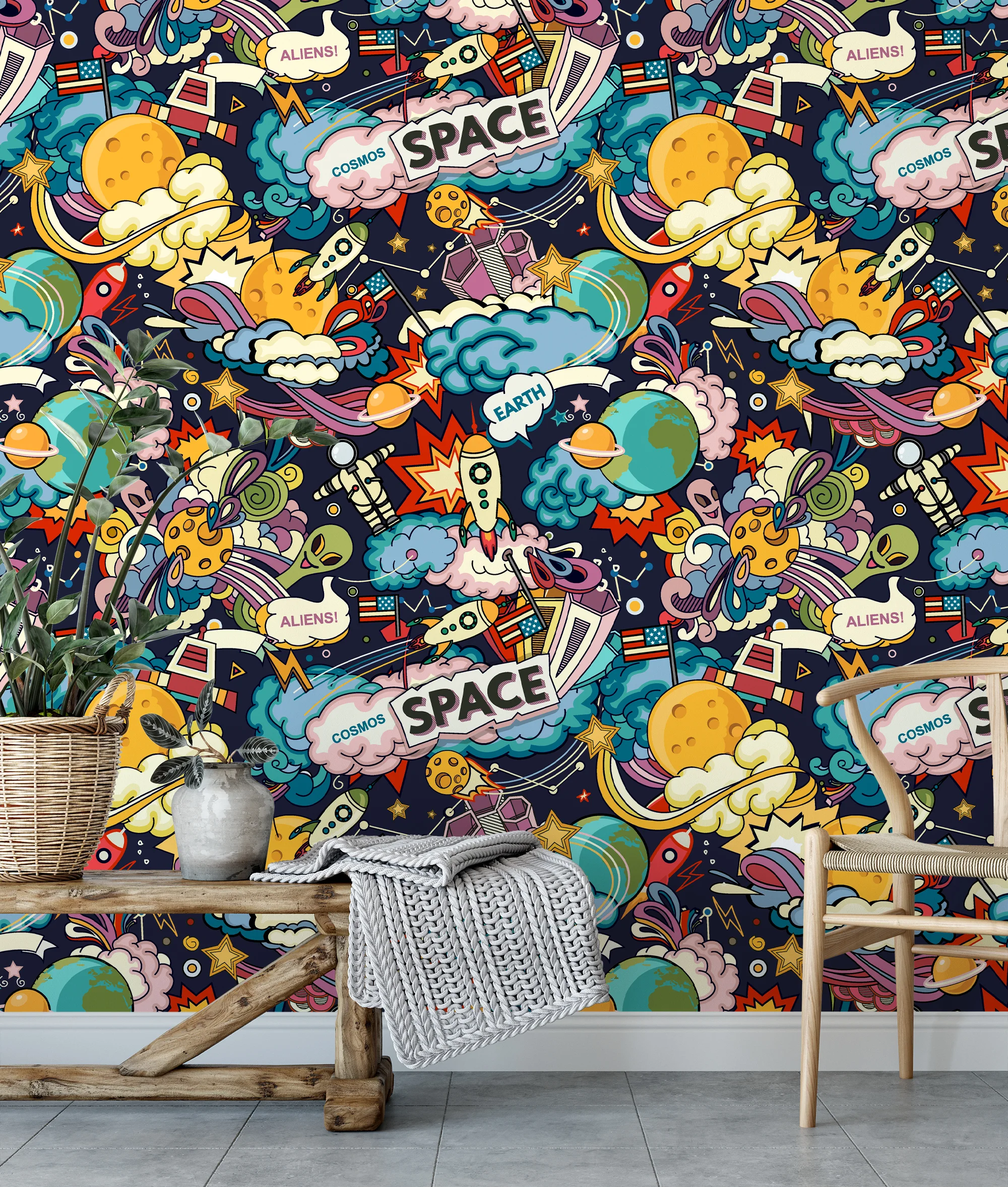 Cartoon Space Themed Kids Wallpaper Illustration, Vibrant Comic Space Adventure Peel & Stick Wall Mural