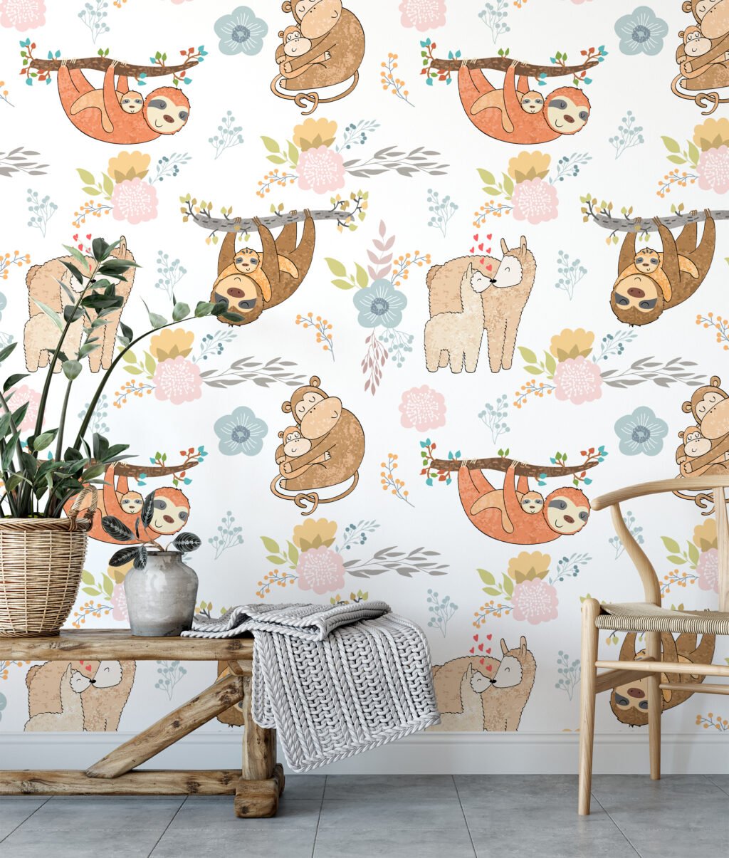 Nursery Animals With Sloths Sheep And Monkeys Illustration Wallpaper, Cozy Animal Peel & Stick Wall Mural