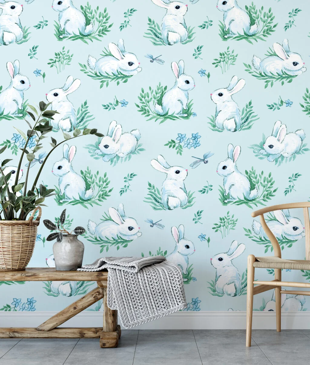 Light Blue Watercolor Effect Bunny With Dragonfly Illustration Wallpaper, Serene Bunny Meadow Kids Peel & Stick Wall Mural