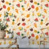 Retro Summer Vibes Party Icons Fruit Illustration Wallpaper, Tropical Fruit & Ice Cream Peel & Stick Wall Mural