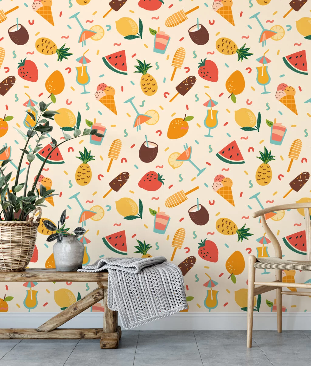 Retro Summer Vibes Party Icons Fruit Illustration Wallpaper, Tropical Fruit & Ice Cream Peel & Stick Wall Mural