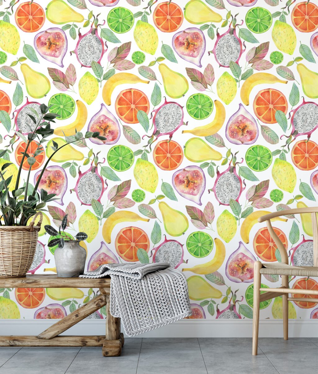 Watercolor Style Exotic Fruits Pattern Illustration Wallpaper, Juicy Delightful Fresh Fruit Peel & Stick Wall Mural