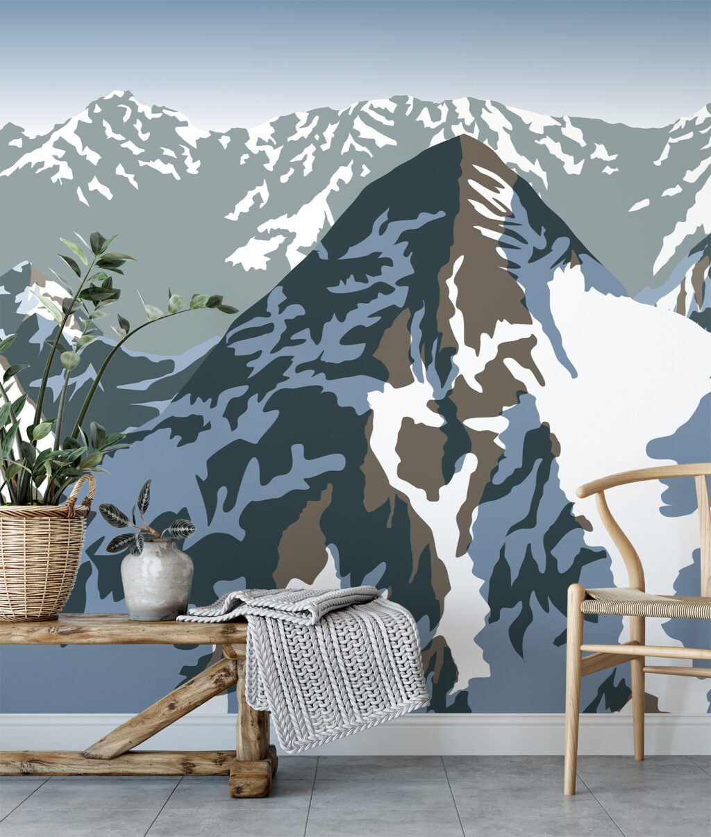 Flat Art Snowy Mountains Illustration Wallpaper, Abstract Landscape Peel & Stick Wall Mural