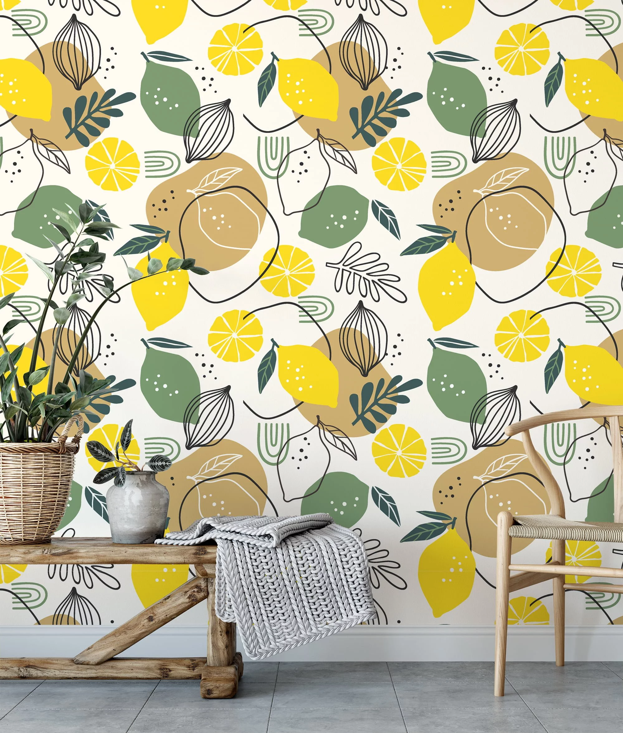 Lemon And Leaves With Line Art Illustration Wallpaper, Citrus And Lime Design Peel & Stick Wall Mural