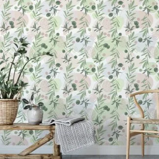 Flat Art Green Olive Branches Design Wallpaper, Soft Olive Garden Peel & Stick Wall Mural