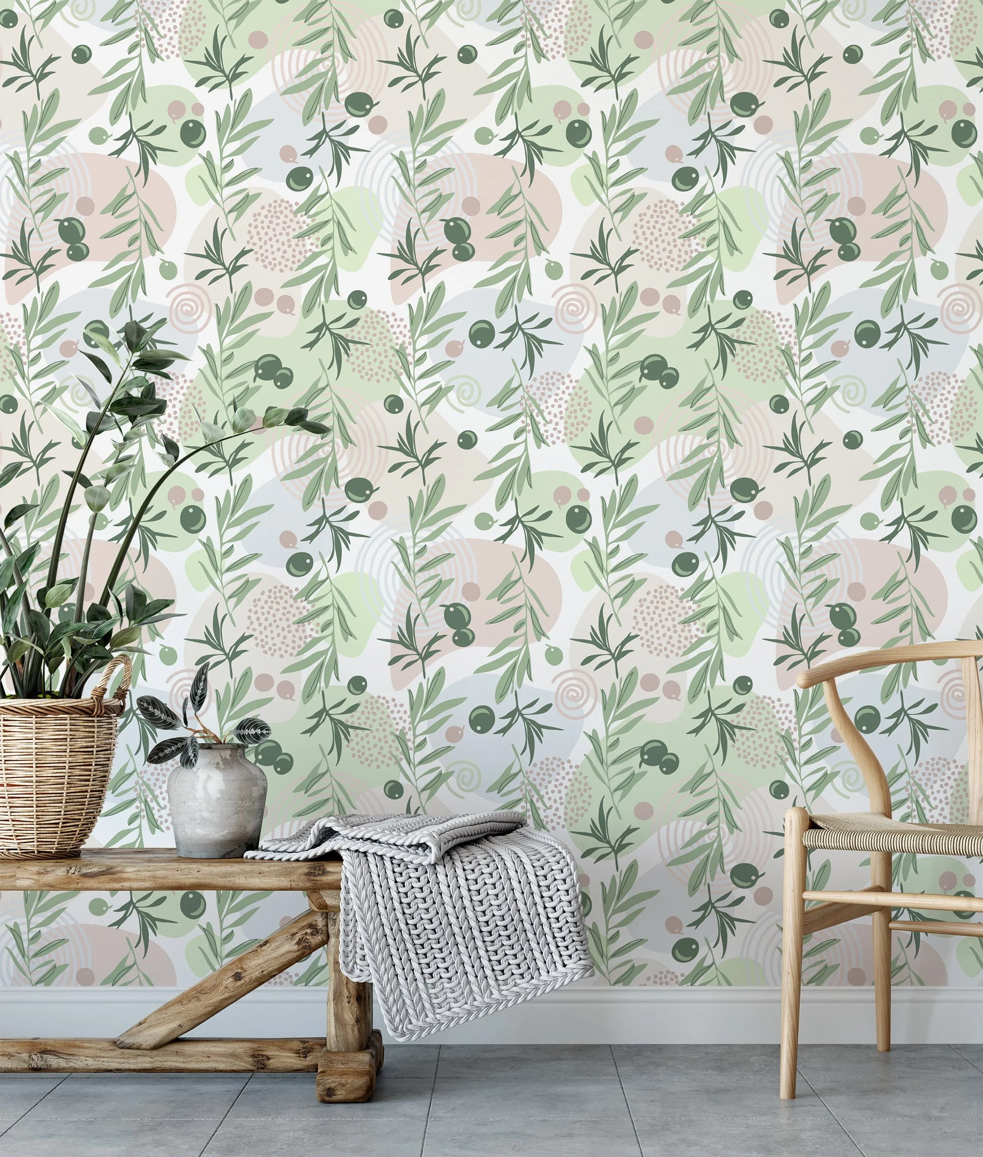 Flat Art Green Olive Branches Design Wallpaper, Soft Olive Garden Peel & Stick Wall Mural