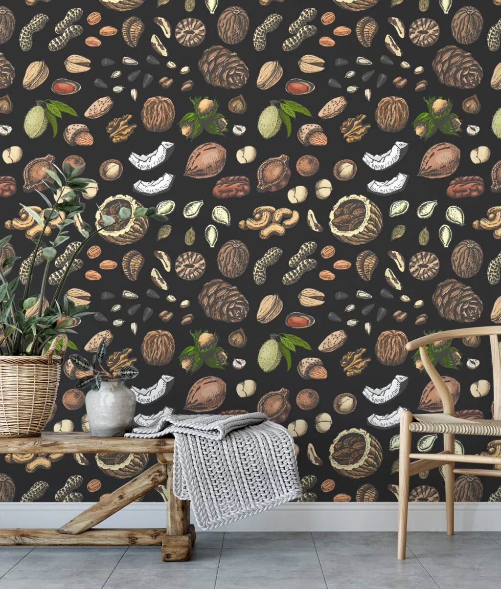 Nuts And Seeds Hand Drawn Illustration Wallpaper, Rustic Kitchen Elegance Peel & Stick Wall Mural