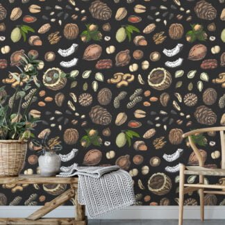 Nuts And Seeds Hand Drawn Illustration Wallpaper, Rustic Kitchen Elegance Peel & Stick Wall Mural